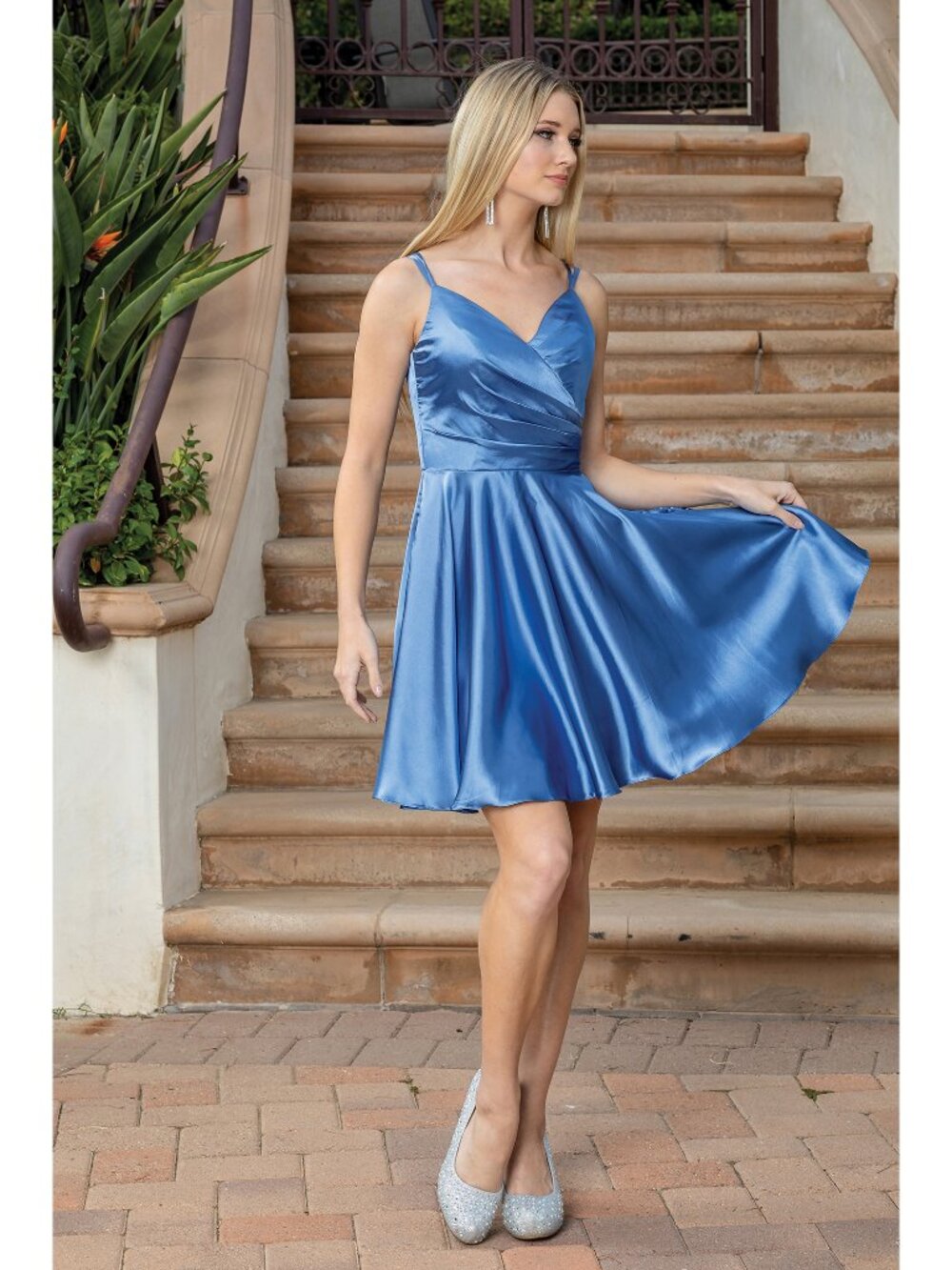 NEW DUSTY BLUE Silk V-Neck Cocktail Dress Formal Elegant Stunning 3320